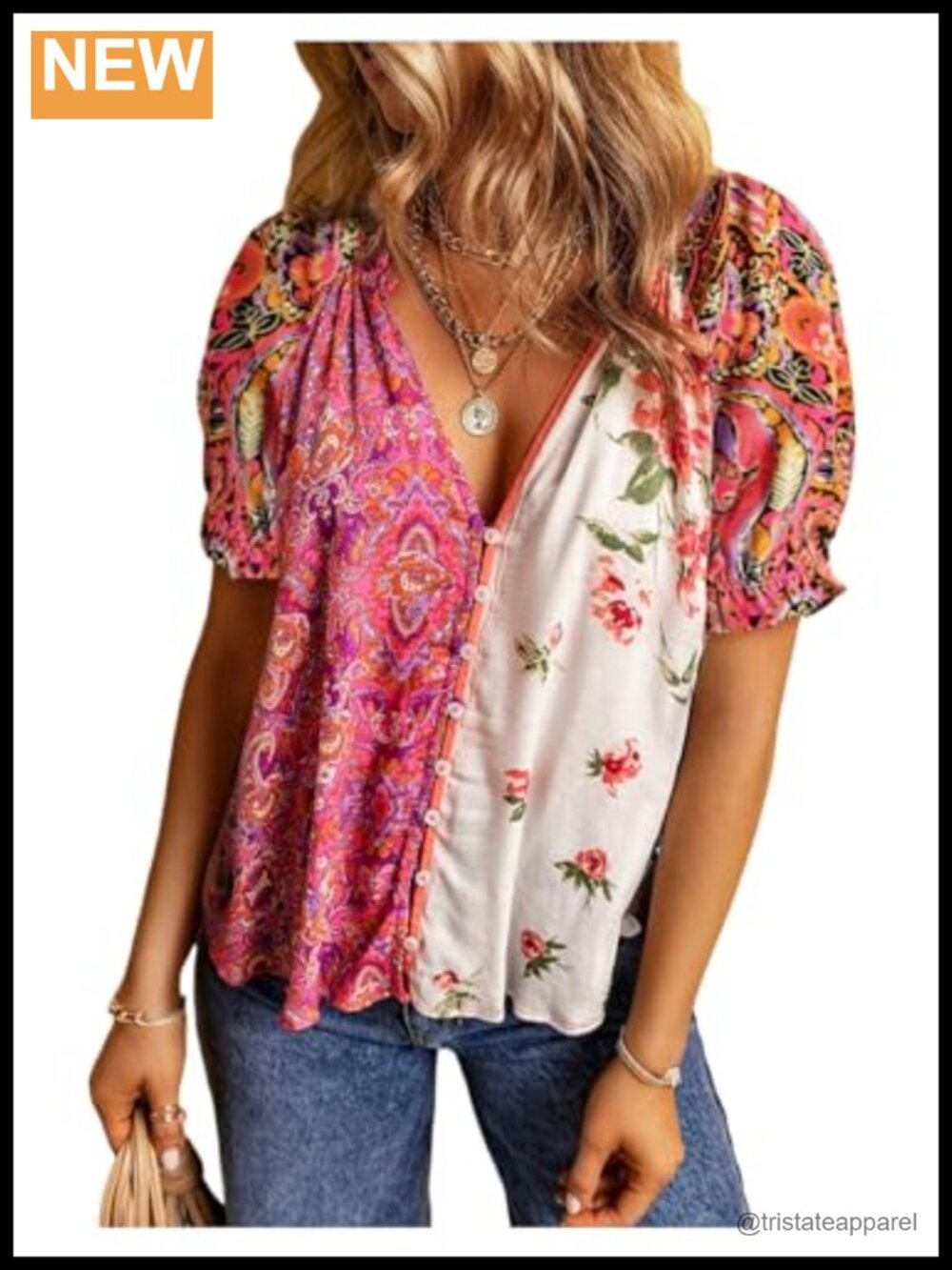 Boho Floral Button Down Blouse V Neck Short Sleeve Viscose